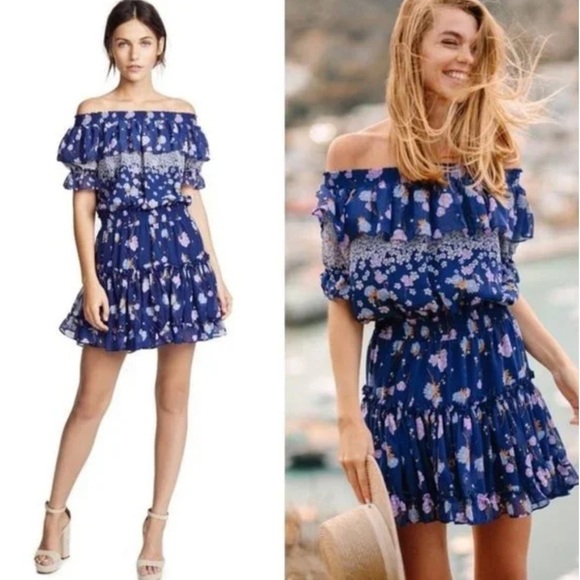 MISA Blue Floral Off the Shoulder Dress - Picture 1 of 7